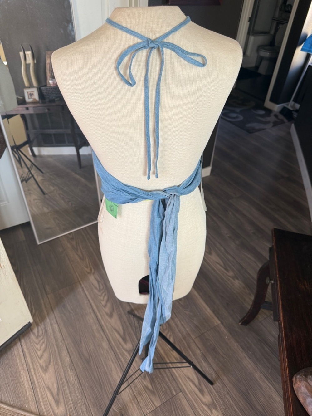 Flying Tomato Light Blue High-Neck Denim-Look Crop Top with long ties one size - Picture 3 of 8